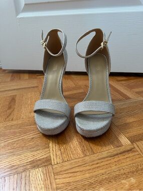 Michael Kors Silver Glitter Ankle-Strap Platform Heels WORN ONE TIME